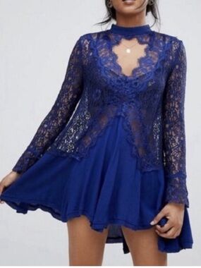 Free People Cobalt Blue Tell Tale Lace Tunic Dress - XS